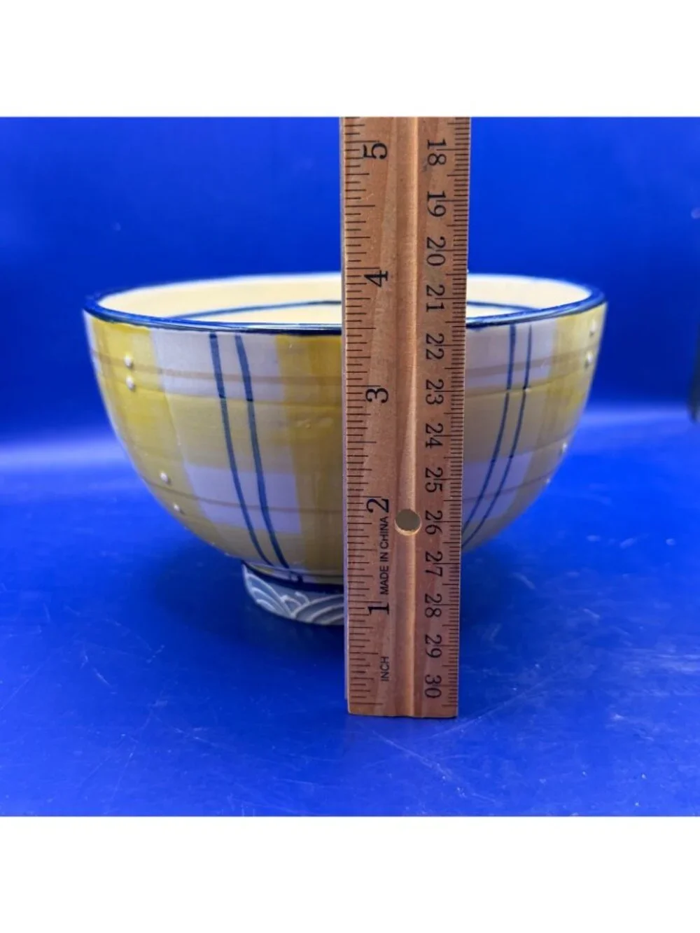 Blue Sky Clayworks Heather Goldminc Plaid Ceramic Bowl Yellow Blue Plaid 2014